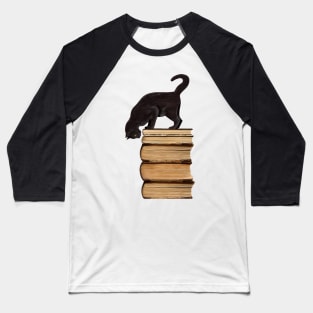 Curious Black Cat on Old Books for Literary Cat Lovers Baseball T-Shirt